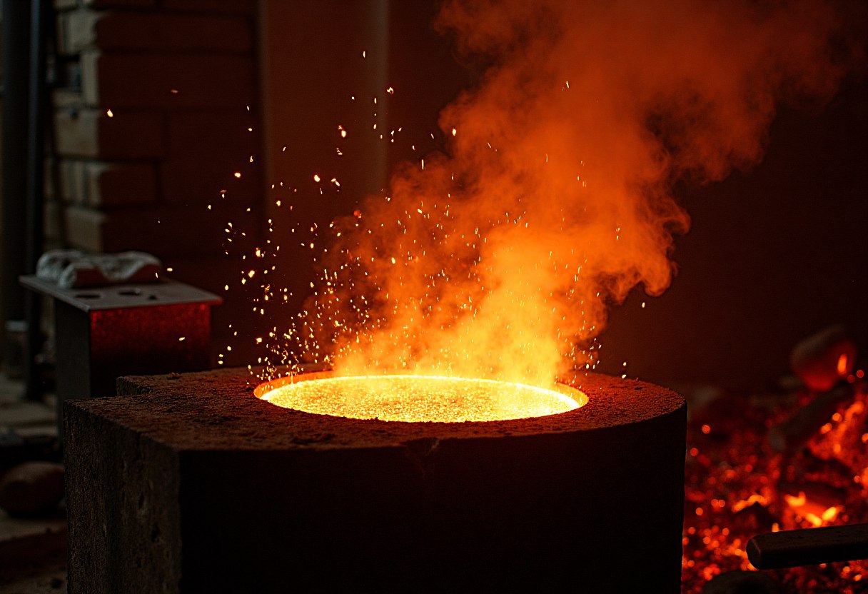 Blazing forge fire and molten metal